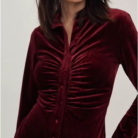 House Of Harlow 1960 Velvet Mini Burgundy Dress Ruched Shirt Size S - Picture 4 of 10